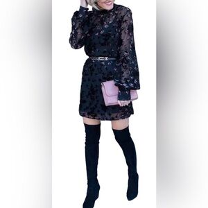 WAYF Black Velvet Burnout Floral Sheer Long Sleeve Mini Dress Small Romantic